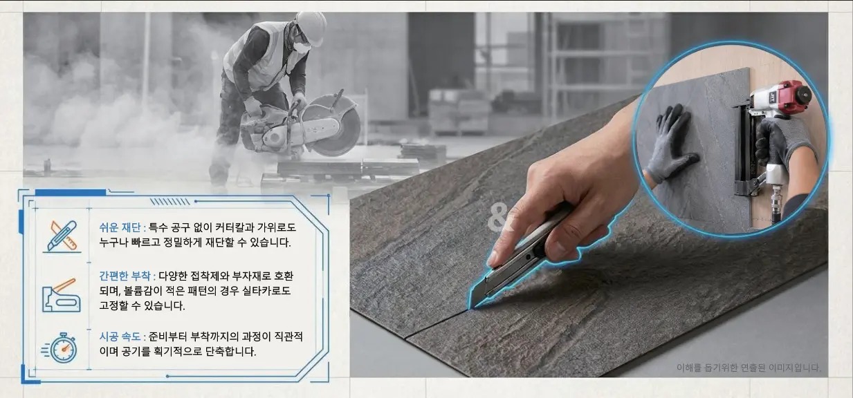 시공성 — 쉬운 재단(커터칼)·간편한 부착(실타카)·시공 속도